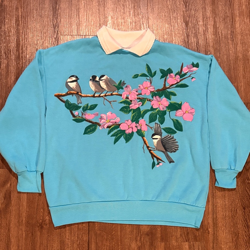 Vintage women’s large bird flower long sleeve shirt haband